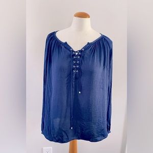 Jennifer Lopez Satin-like Peasant Blouse, Dark Blue, Size Medium EUC